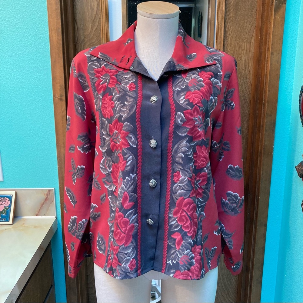 Floral Red and Gray Women's Blouse - Picture 1 of 8